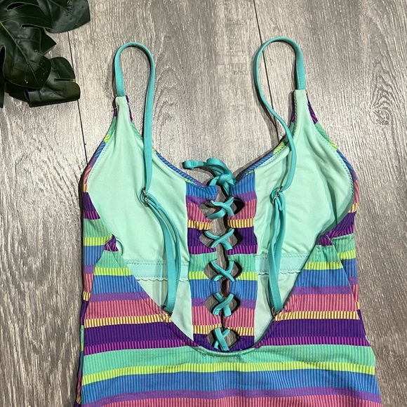 Seafolly Baja stripe Malliot purple haze colorful ribbed lace up one piece. 6 - Picture 12 of 13